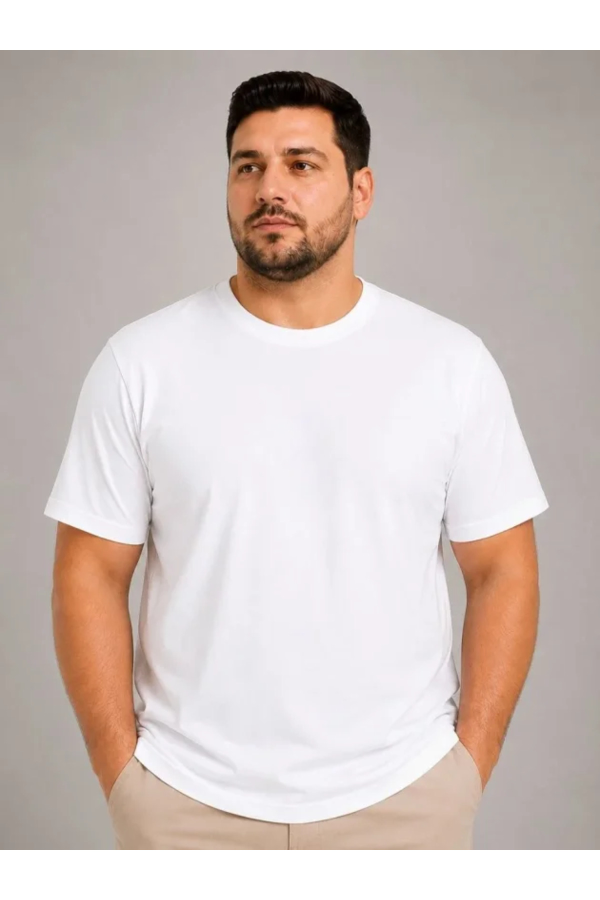 Erkek Battal Big Size Basic Tişört Bisiklet Yaka Rahat Kalıp T-Shirt - Beyaz