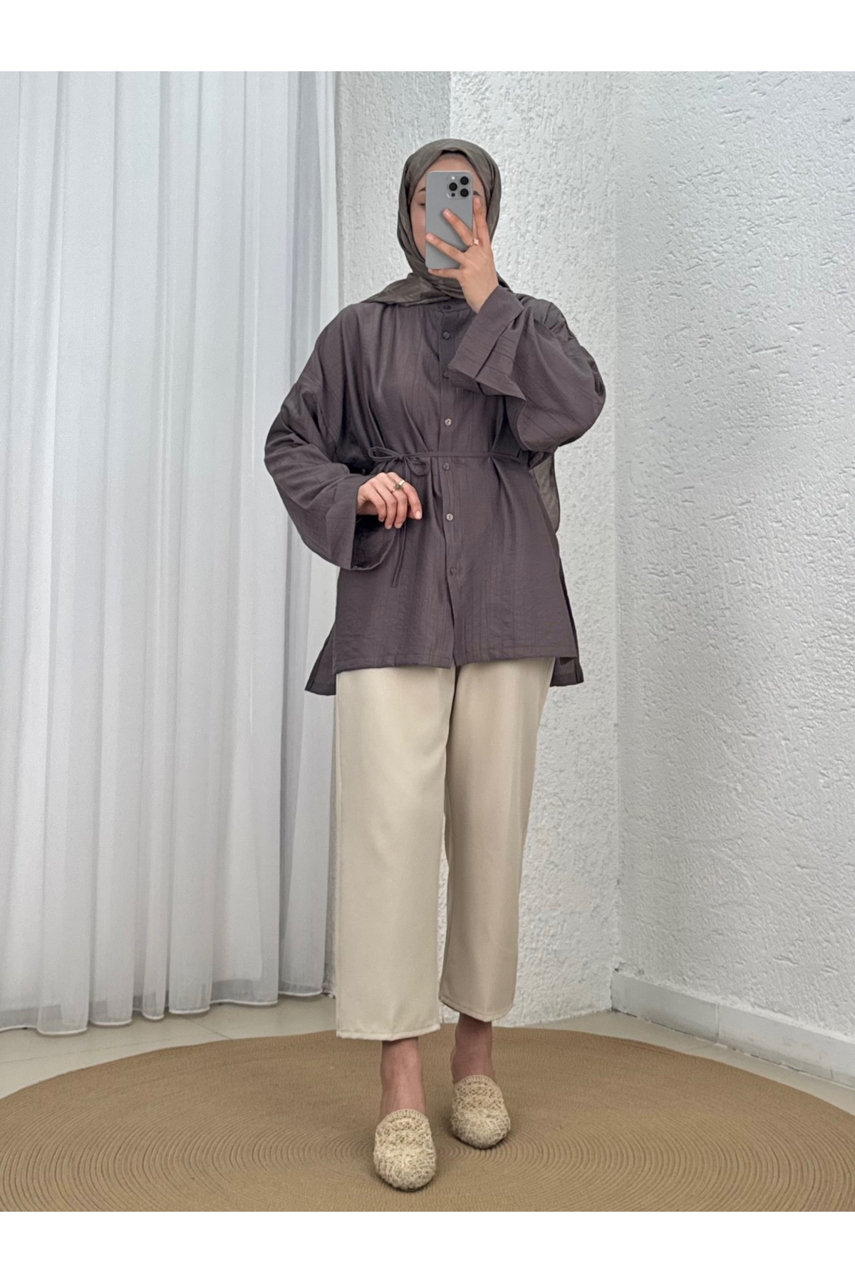 Şeyma Self-Patterned Wide Sleeve Shirt-Çİ943 Mink