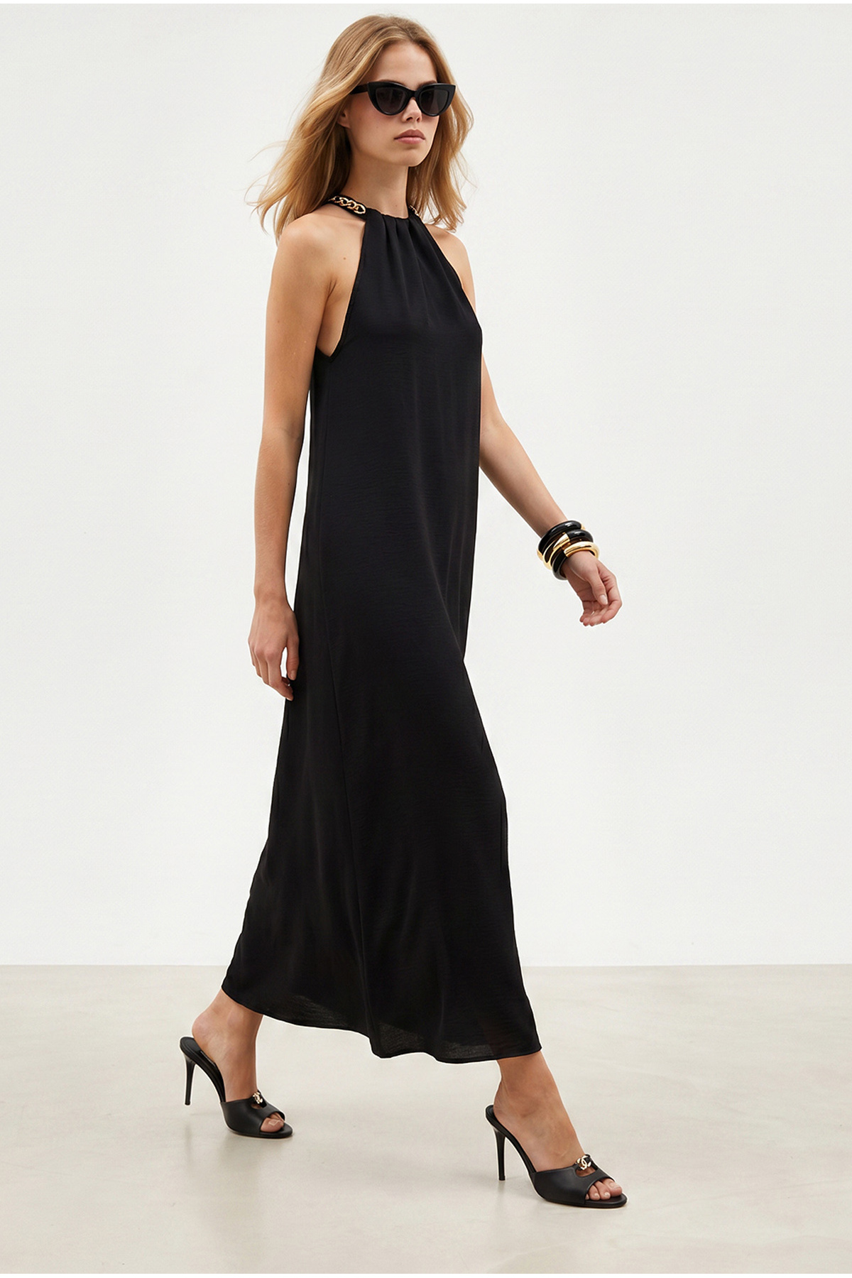 Women's Black Halter Neck Chain Garnished Maxi Flowing DRESSDRESS-19002649