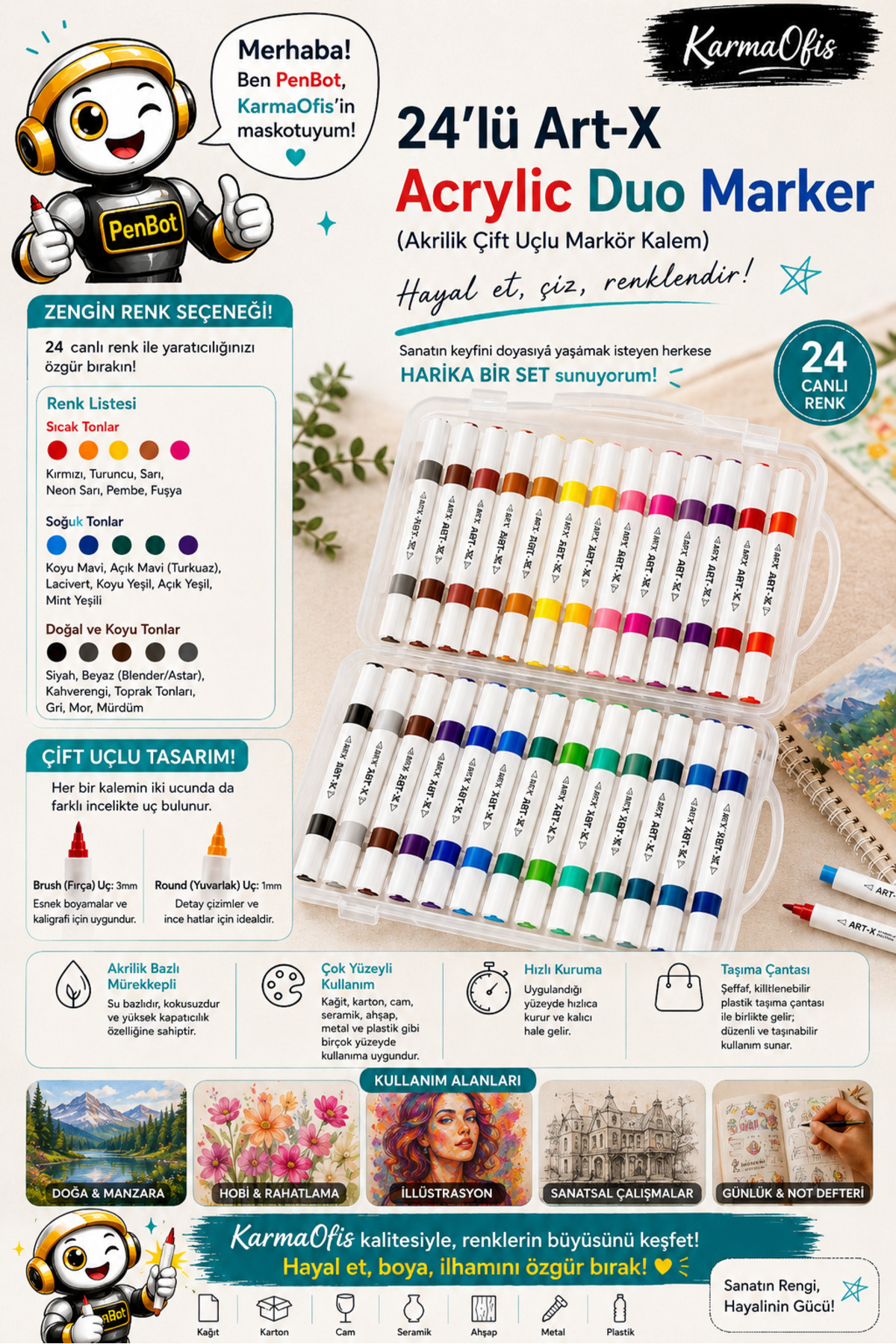 KarmaOfis 24'lü Art-X Acrylic Duo Marker Akrilik Çift Uçlu Markör