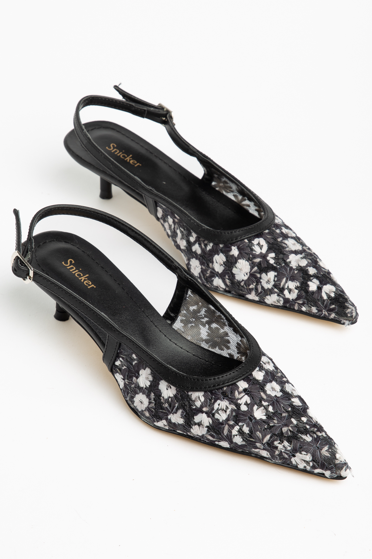 Mesh Embroidery Flower Embroidered Pointed Toe Short Kitten Heels Women's Shoes