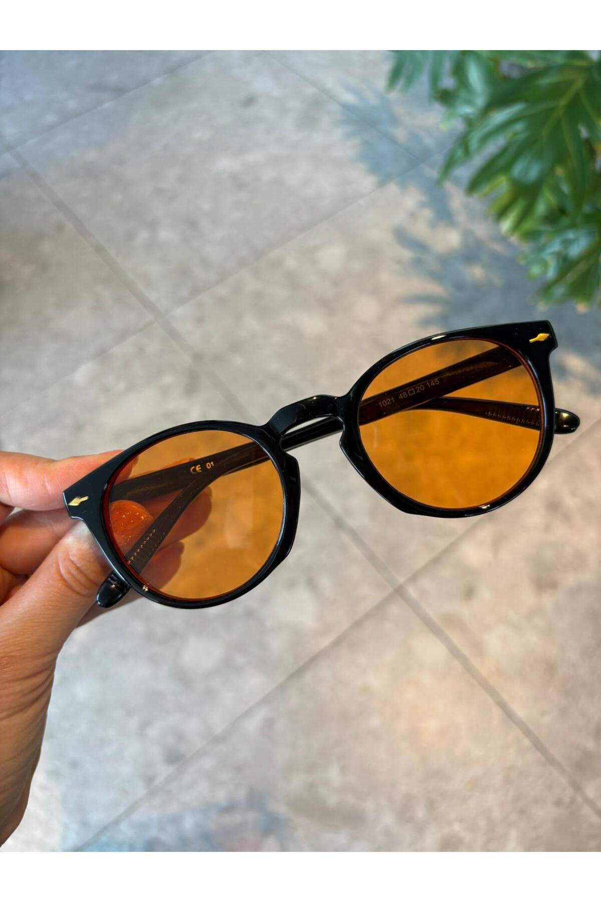 funeyes Brina Yuvarlak Unisex Siyah Turuncu Camlı Güneş Gözlüğü Erkek Kadın görsel 2