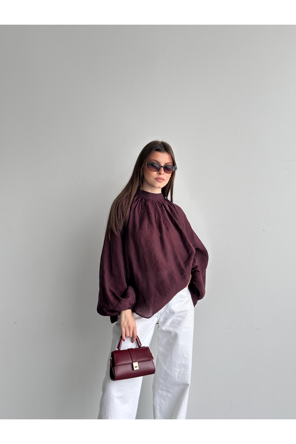 Fashionbox Tulle Modal Comfortable Fit Gathered Collar Draped Loose Blouse 261005