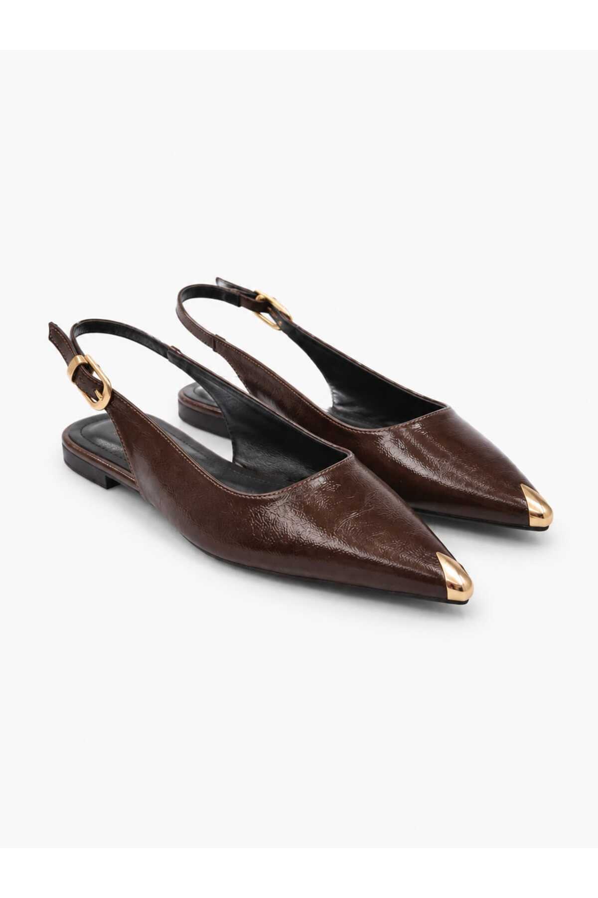CİMİLİ SHOES Kadın Siyah Kırışık Rugan Metal Burunlu Detay Babet görsel 7