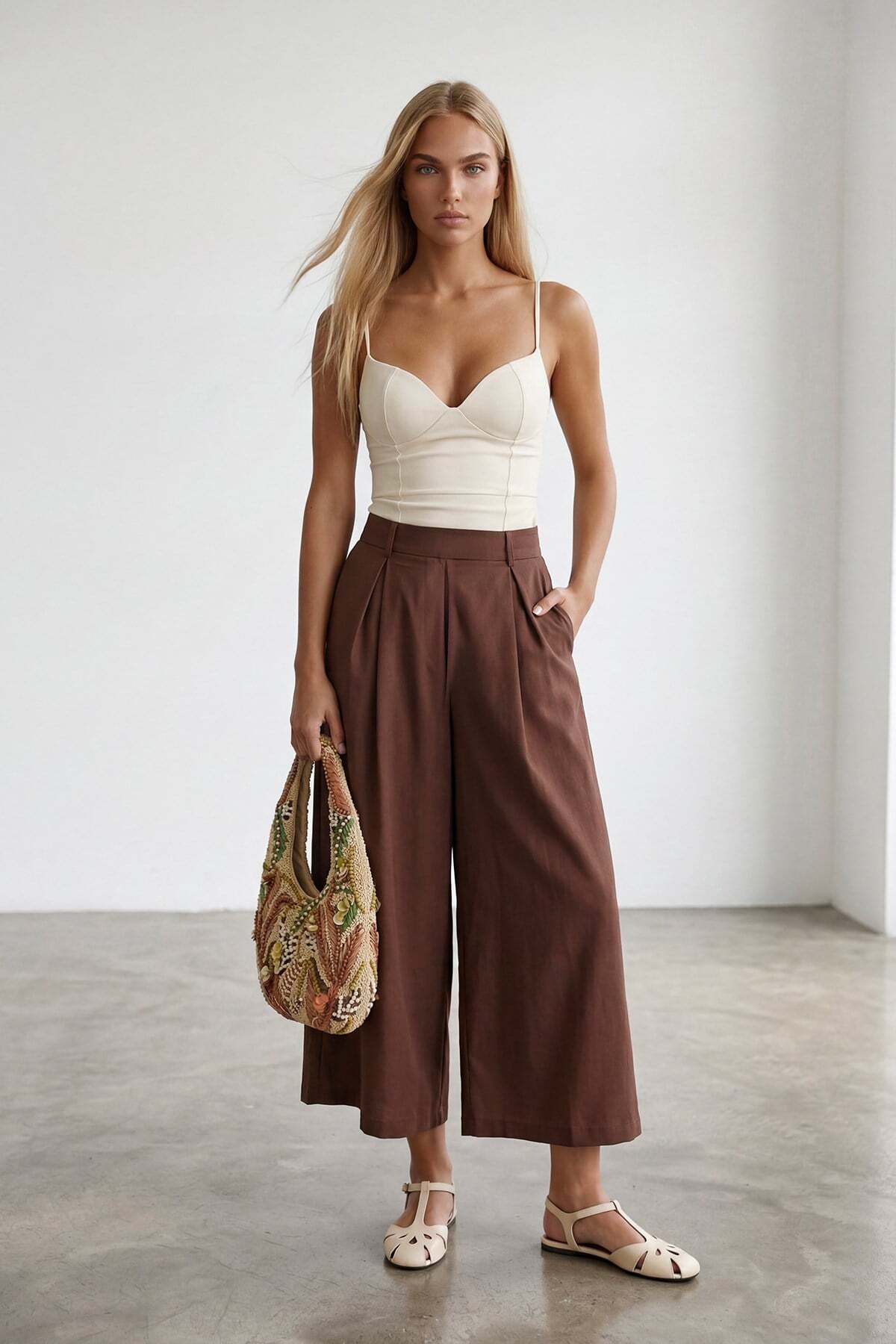 Women's Milk Brown Double Pocket Pleated Waist Poplin Capri Pants Alc-X15518