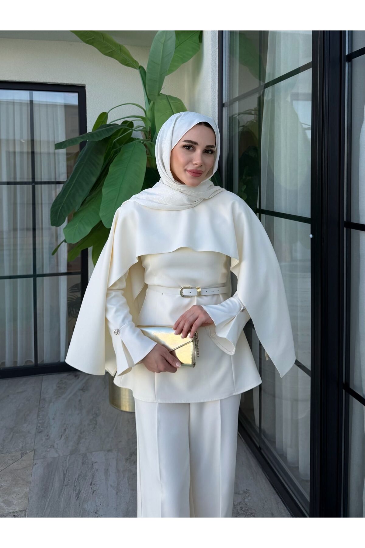 SS Design Eflin Pelerinli Takım Krem