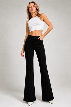 Rose Jeans Kadın Siyah Deep Black Yüksek Bel Toparlayıcı Likralı İspanyol Paç...