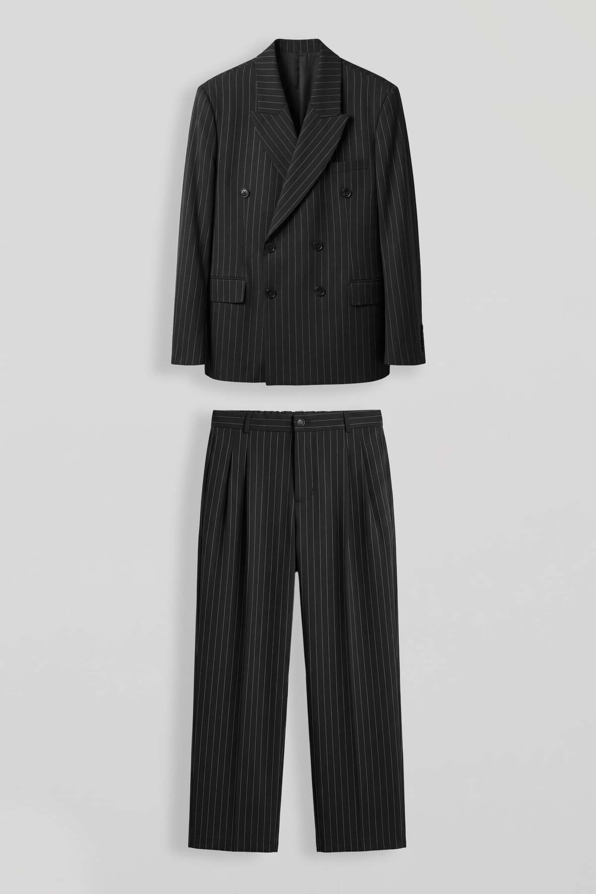 ablukaonline Men's Oversize Double-Breasted Striped Modern Suit Black