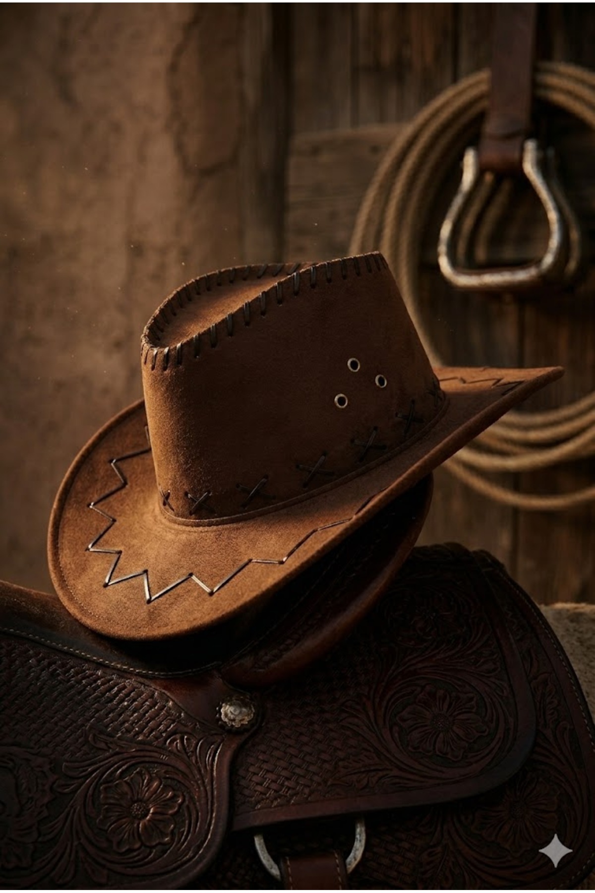 Belifanti Collection Kahverengi Unisex Bağcıklı Nubuk Kovboy Şapkası Western Country Tarzı görsel 2