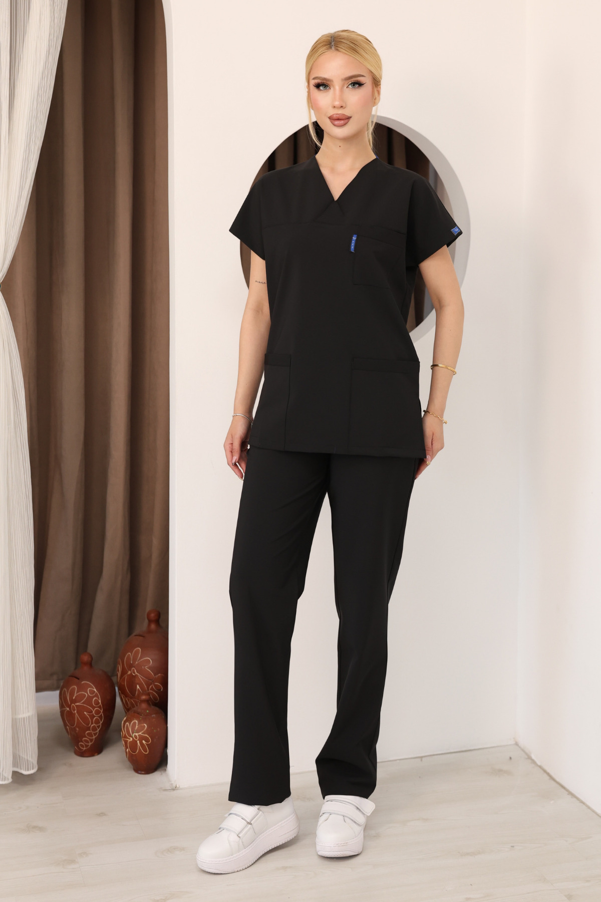 Unisex Siyah Premium Scrubs Takım Leke Tutmaz Likralı Hemşire Doktor Cerrahi Medikal Forma