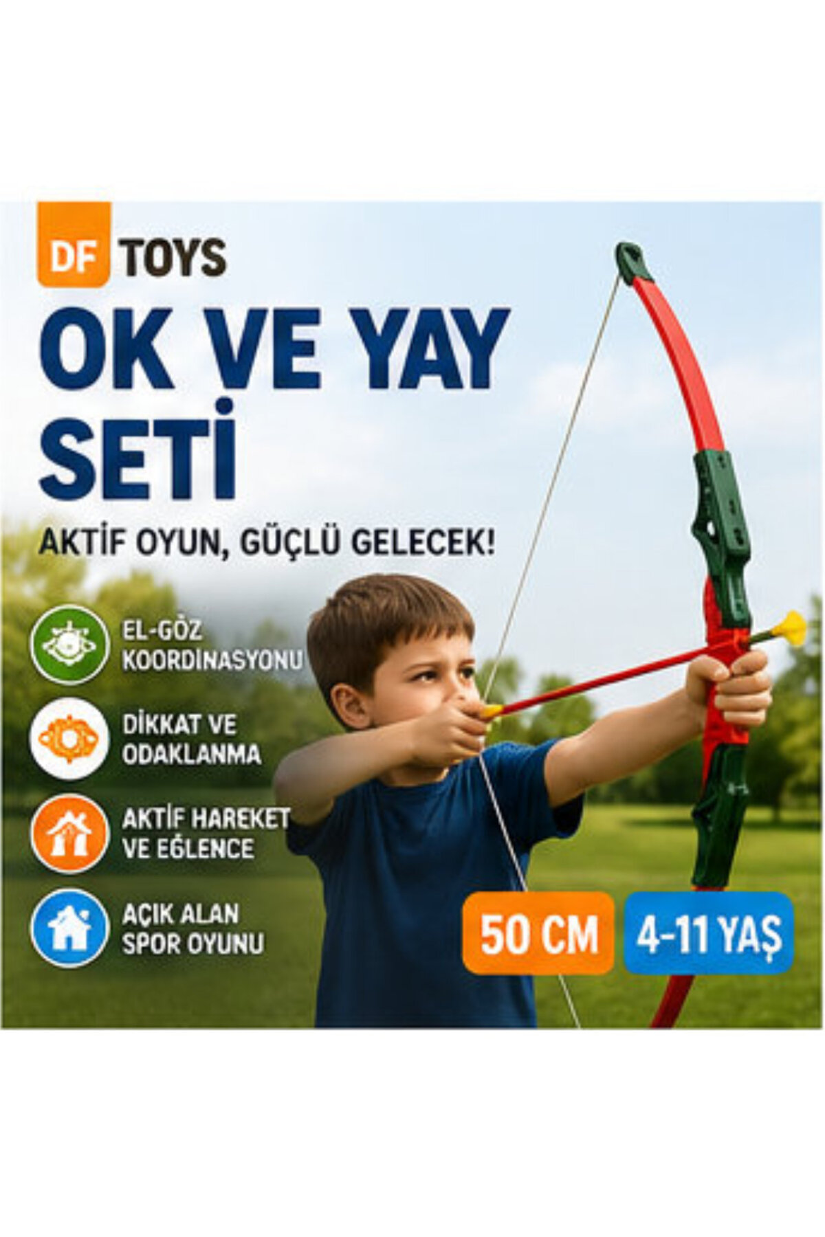 DF Toys 50 cm Çocuk Ok ve Yay Seti - Açık Alan ve Ev Spor Oyuncağı