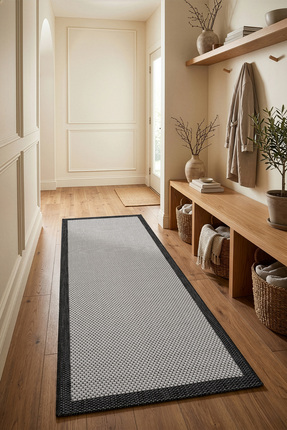 Koza Halı Fresco Ekru Siyah Yıkanabilir Modern Antre Halı Kilim Yolluk 23745Y
