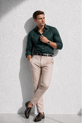 sepetx Erkek Basic Premium Pamuk Saten Slim Fit Haki Yeşili Gömlek