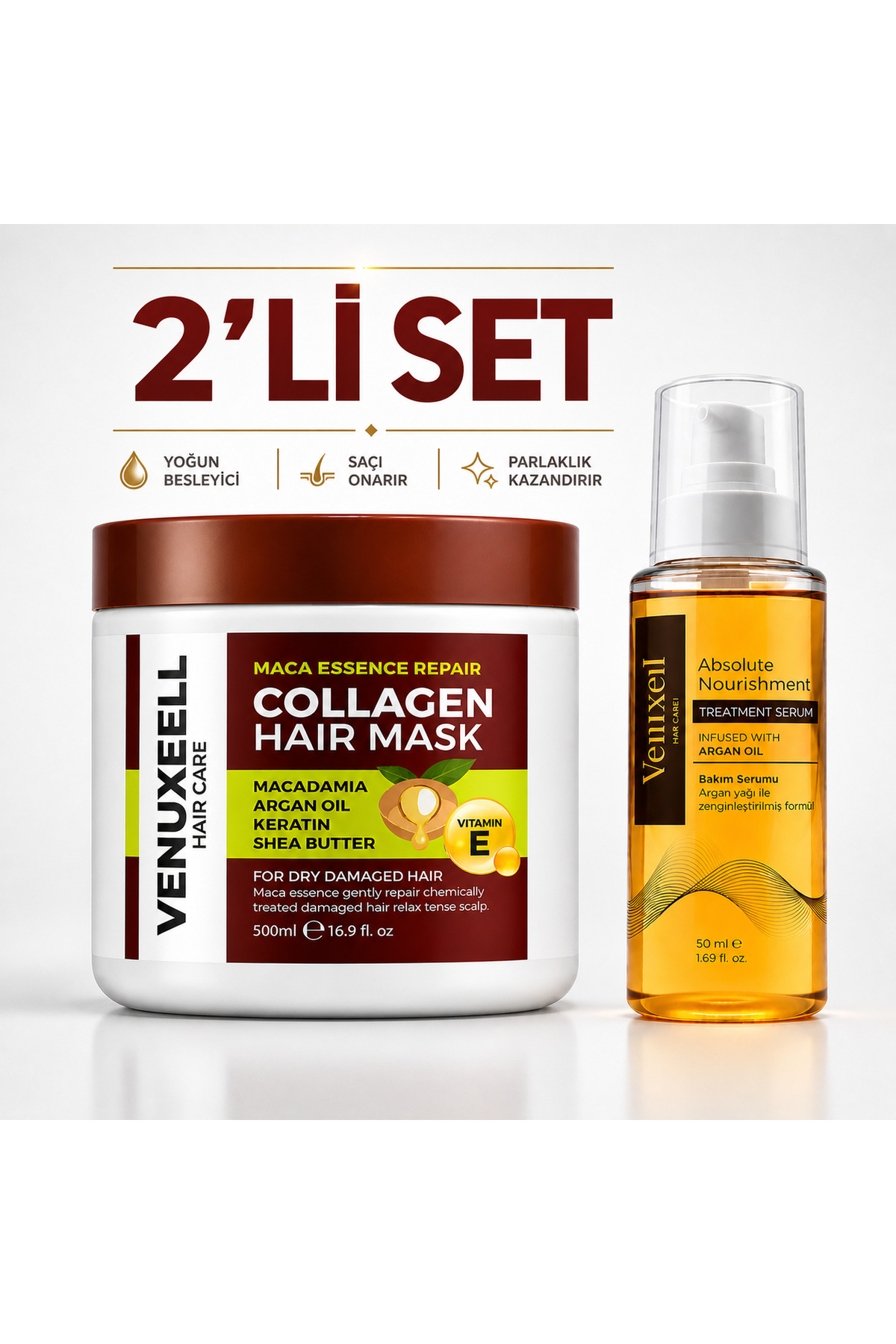 Venuxeell Kolajen Saç Bakım Seti Saç Maskesi 500 ml + Argan Yağlı Onarıcı Serum 50 ml Kuru Yıpranmış Saçlar İçin — beyazsaç2liset