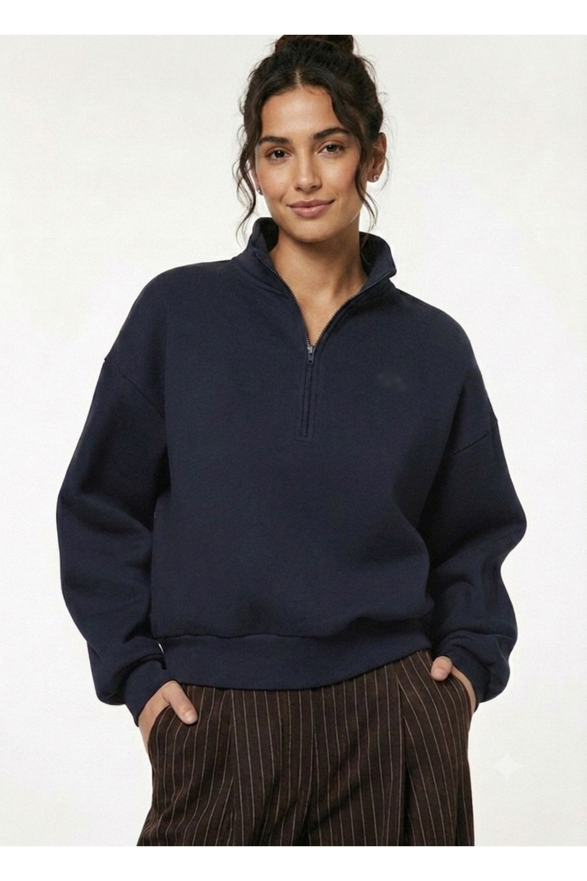 Butik Basic Dark Navy Blue Color Zippered Collar Sweatshirt