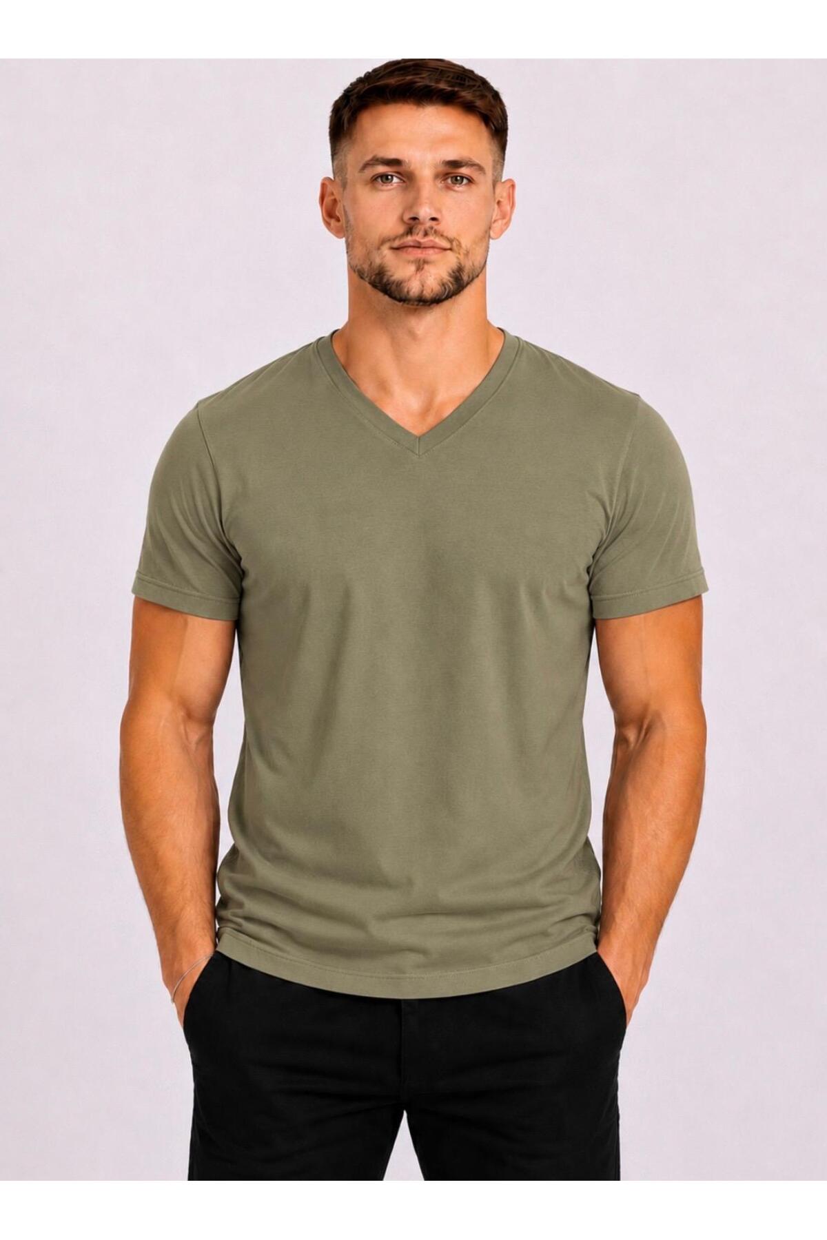 Men's Open Khaki Cotton V-Neck Short Sleeve T-shirt-d804
