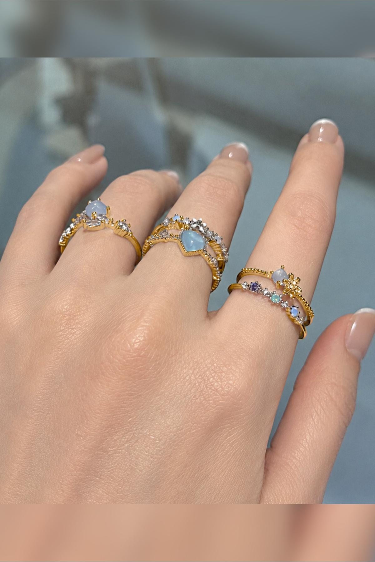 The Collection 3'lü Mavi Taşlı Kombin Ay yıldız kelebek Pinterest Tasarım Gold Yüzük Set görsel 5