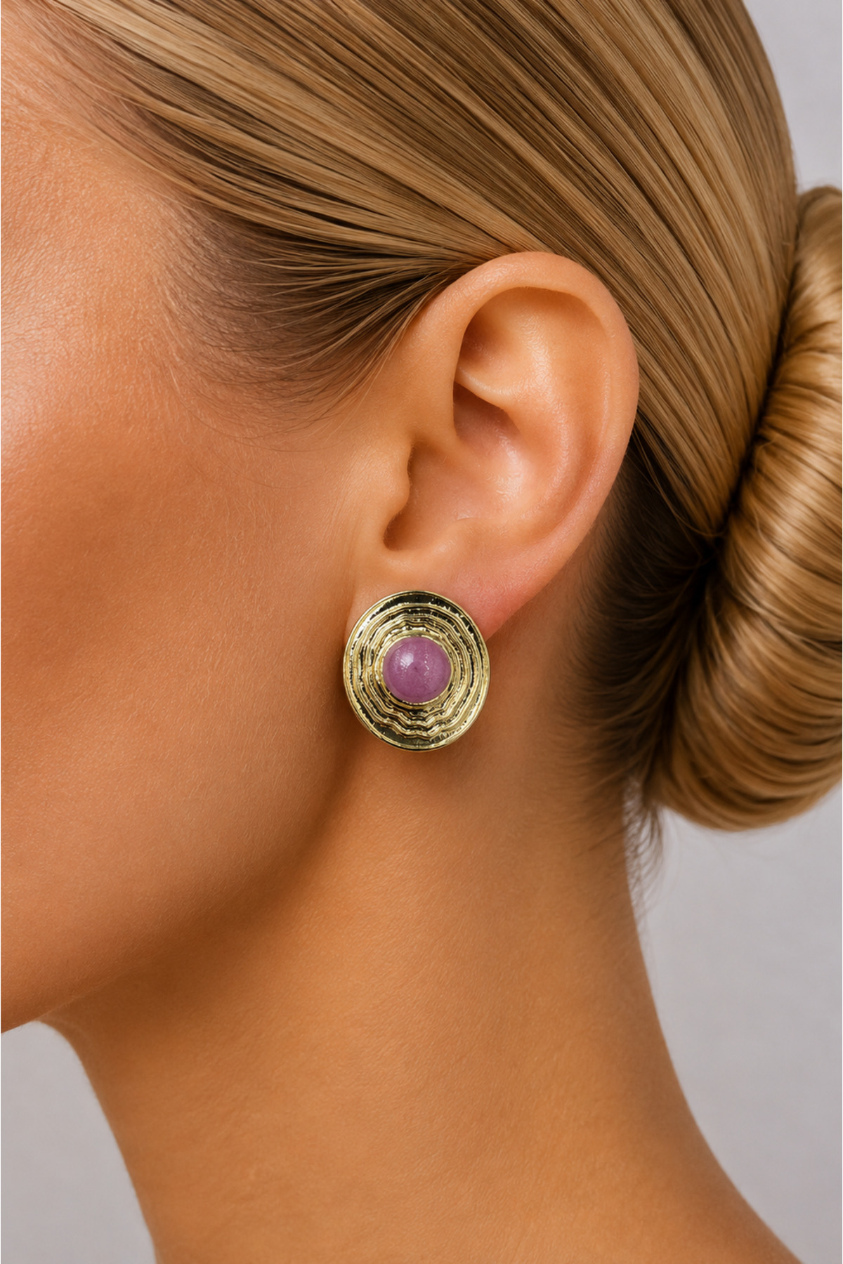 Amélie Women's Pink Stone Detailed Yellow Steel Nail Earrings
