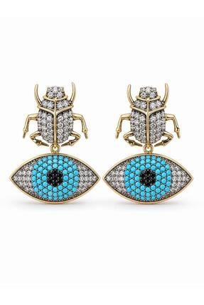 Theory Jewelry Kadın Çelik Küpe I Skarabe Eye Küpe I Zirkon ve Turkuaz Taşlı ...