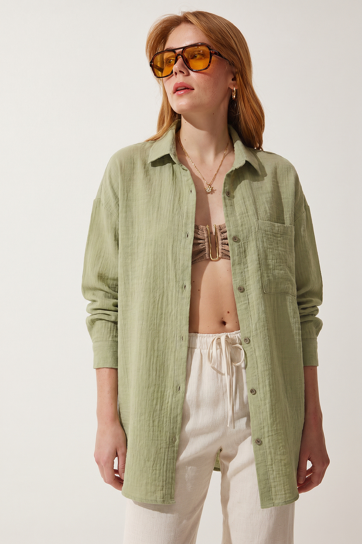Oversize Basic Muslin Shirt LMX0002 OPEN CAGLA GREEN