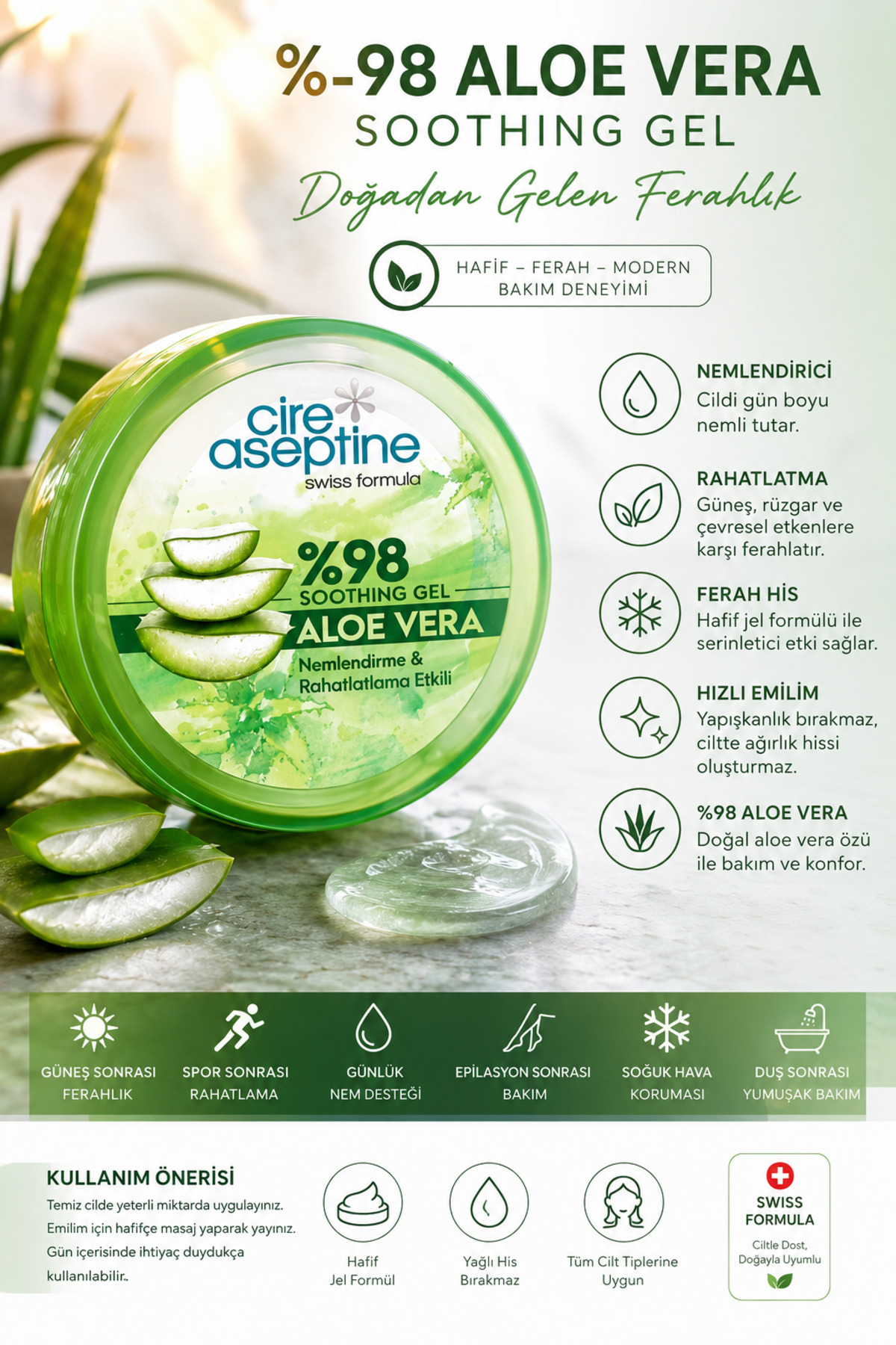 Swiss Formula Aloe Vera %98 Soothing Gel – Nemlendirme & Rahatlatma Spor Sahil Casual 300 ml — 456456 — تصویر 2 از 3