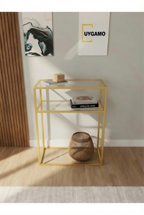 UYGAMO Aire Metal Dresuar Dekoratif Kahve Köşesi Konsol Gold Şeffaf Cam 60 cm...