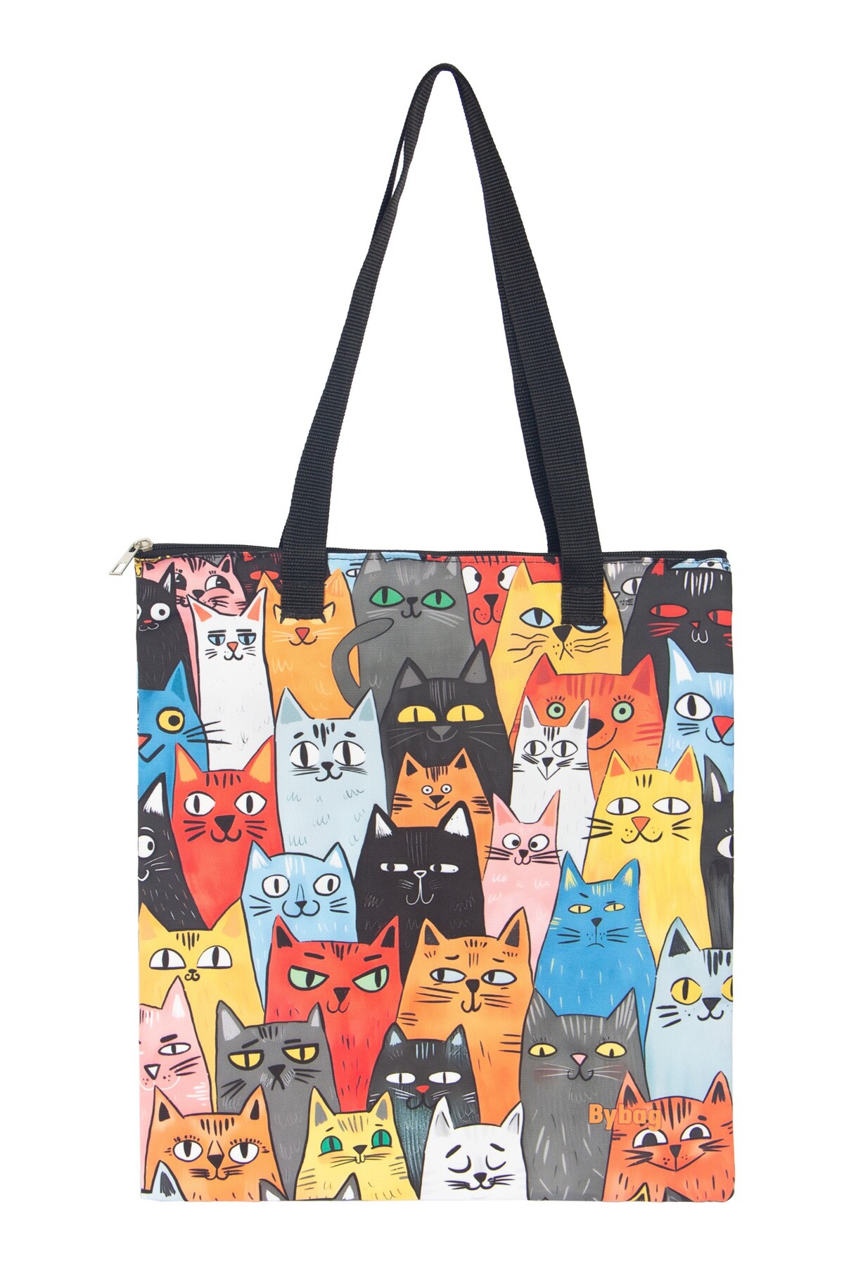 BYBAG Renkli Kedi Desenli Omuz Çantası Kadın Tote Bag Oxford Kumaş Fermuarlı İç Cepli Çift Taraflı Baskılı görsel 2