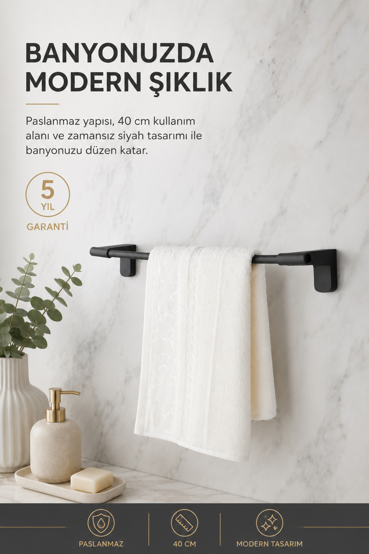 Premium F1 Model Black Long Towel Hanger 40 cm Bathroom Towel Hanger with Stainless Steel Assembly 5 Years Warranty