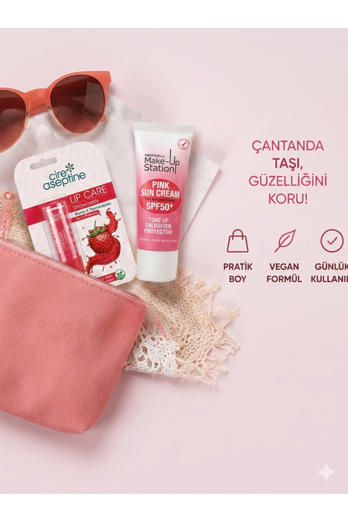 Strawberry Lip Care + Newwell Pink Sun Cream 30 ml SPF50+ İkili Set Dudak Bakımı ve Güneş Koruyucu — güneş kremi — تصویر 2 از 3
