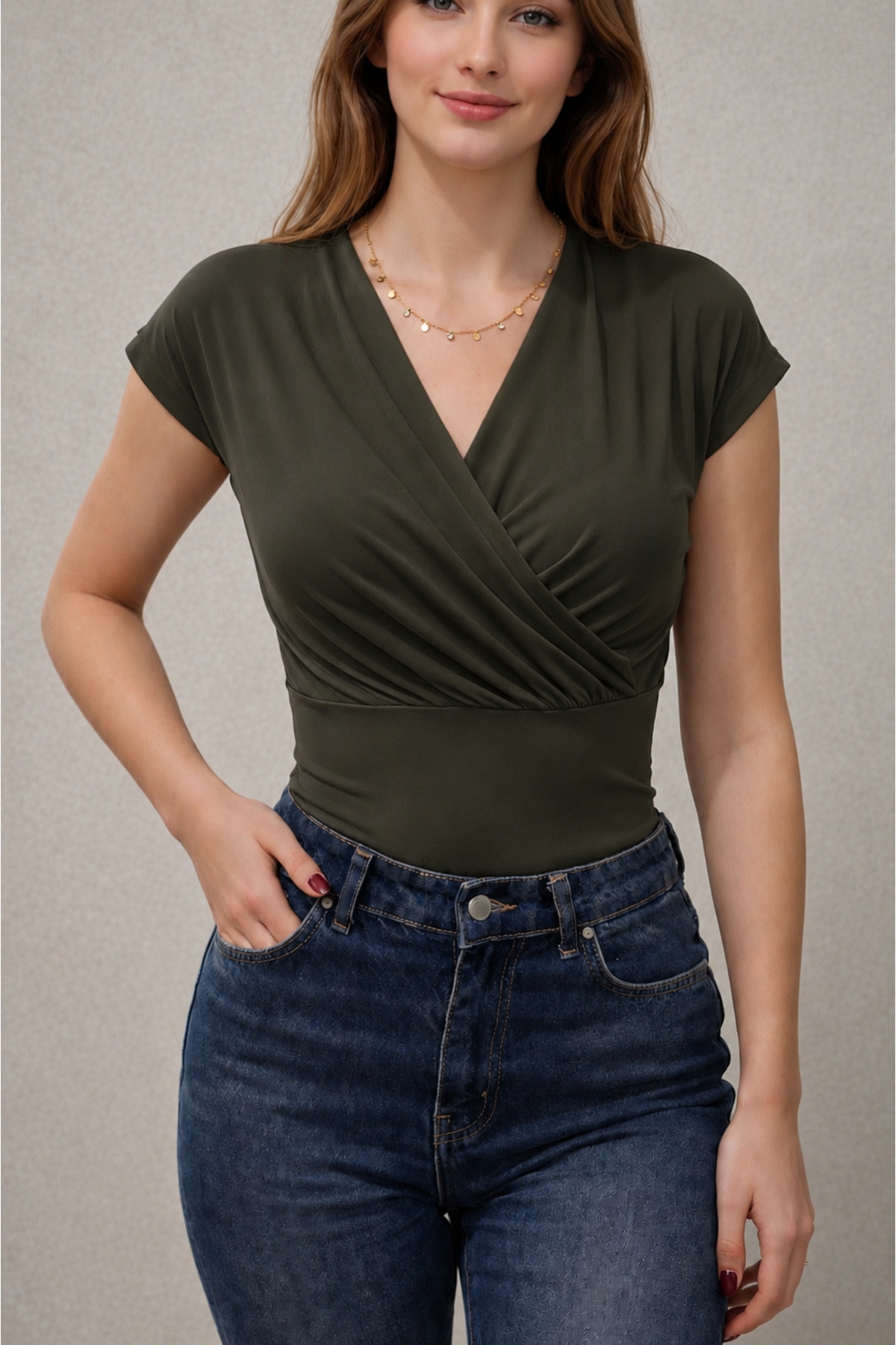 Women's Wrap Collar Draped Short Sleeve V-Neck Stretchy Fabric Casual Stylish Blouse 202