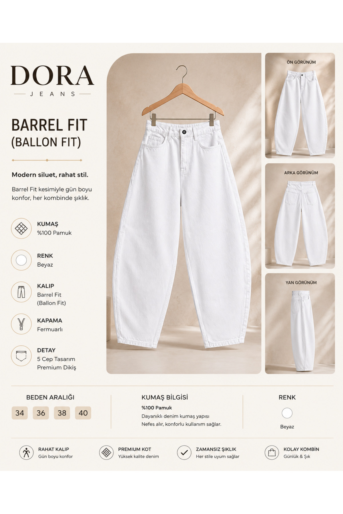 DORAJEANS  Kadın Yüksel Bel Rahat Kalıp Barrel Fit Pantolon - Balloon Jeans - Görsel 7