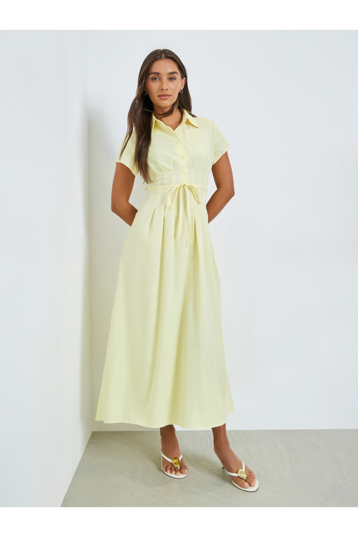 Styli Yellow Shirt Maxi Dress with Tie-Waist