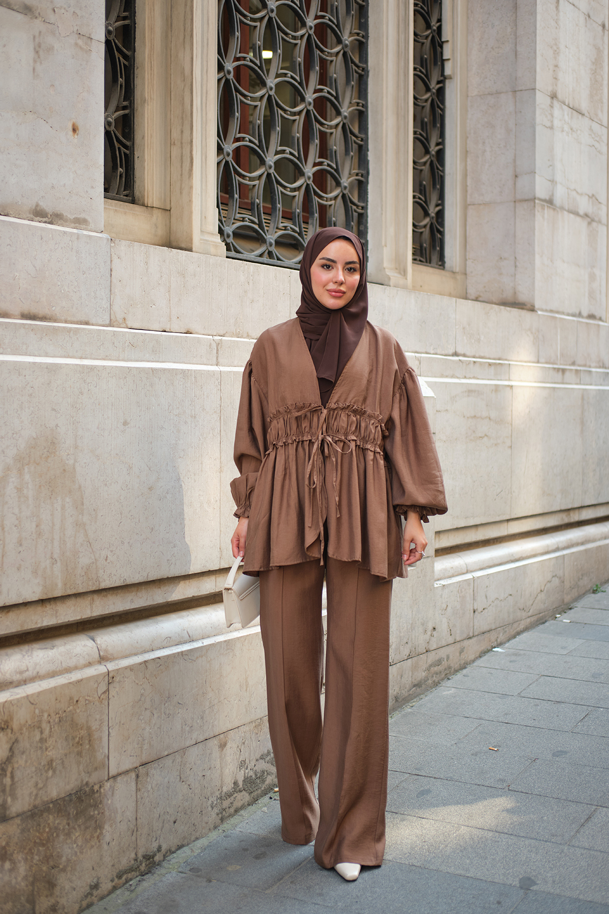 LOCCO Women's Waist Drawstring Front Tie Suit Brown