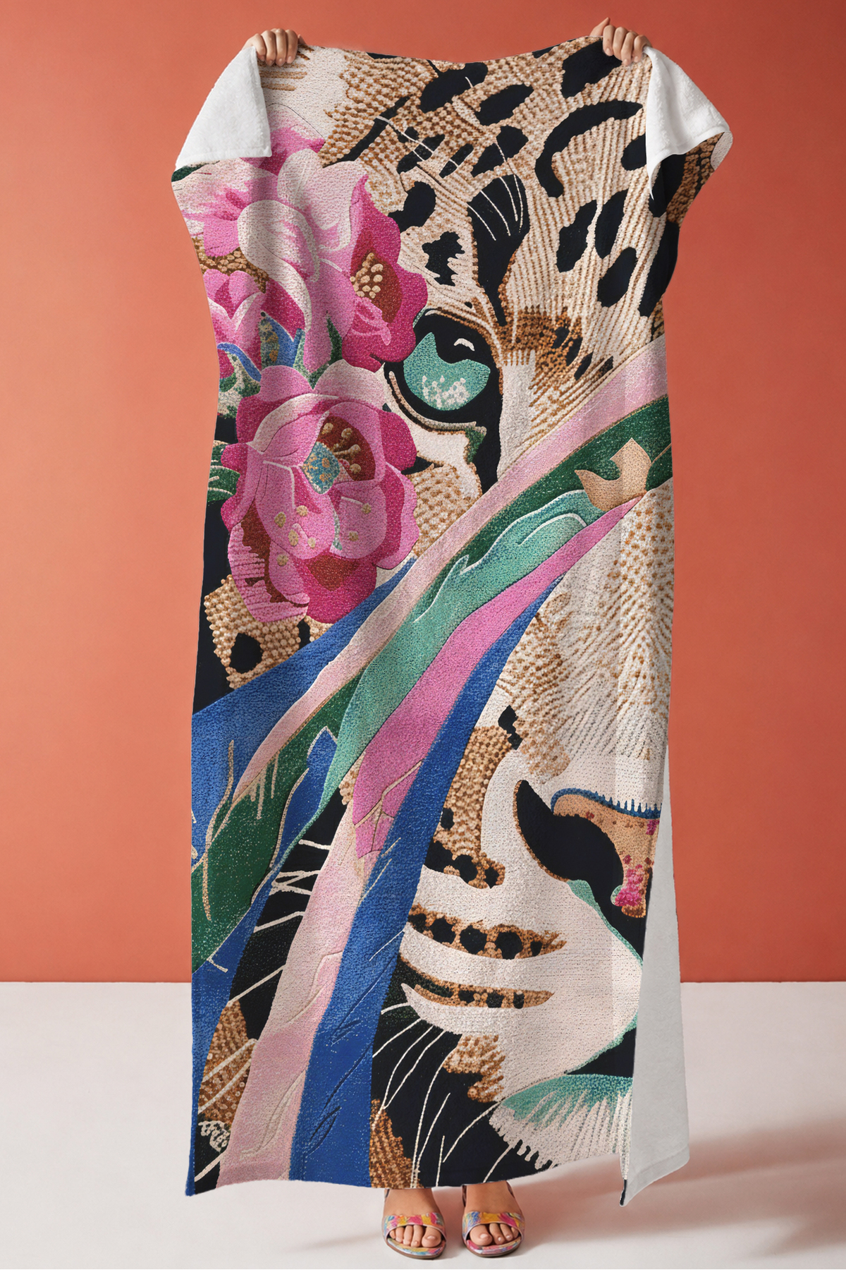Leopard Floral Safari Beach Towel - Bohemian Modern Black Pink Fast Drying Microfiber Towel