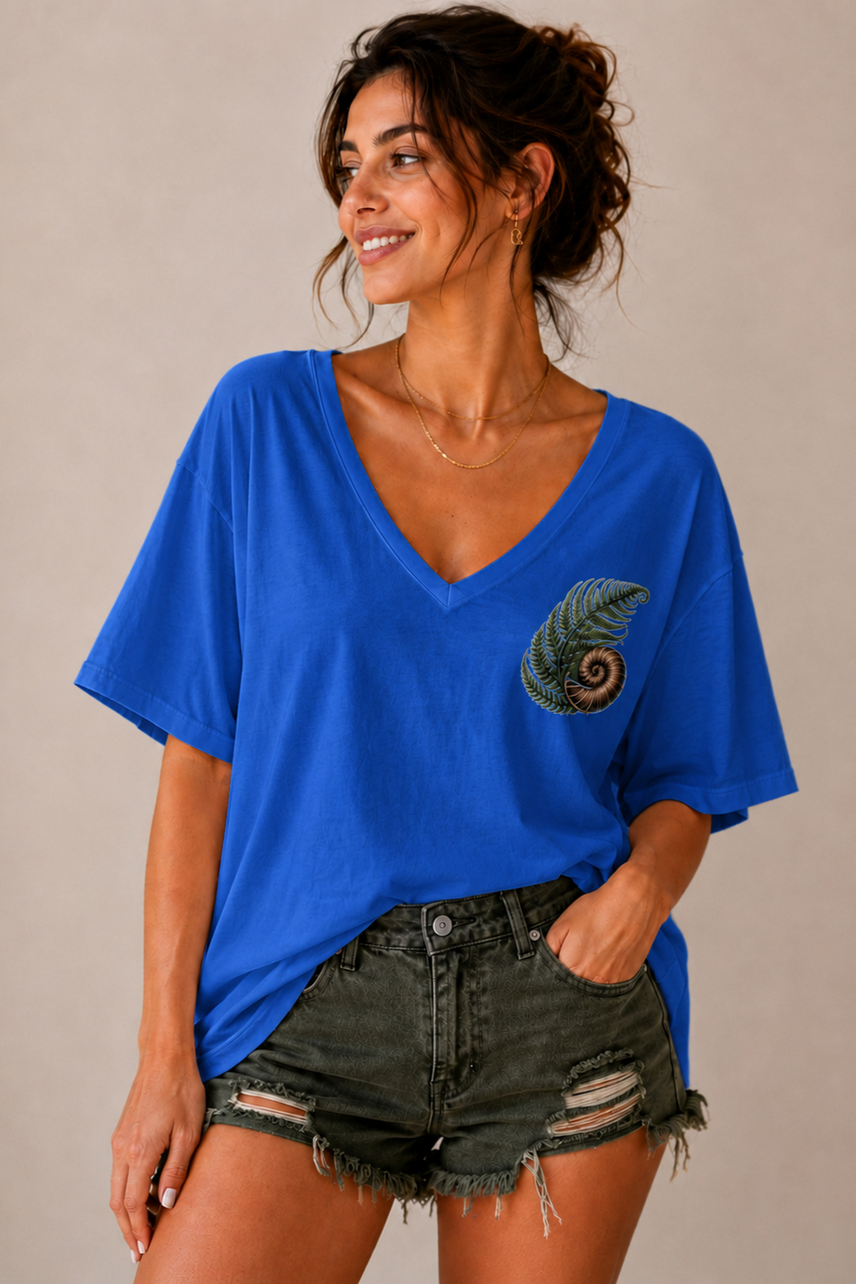 ArtYus Yaprak ve Salyangoz Baskılı V Yaka Salaş Unisex Oversize Tişört - Pamuklu Günlük T-Shirt