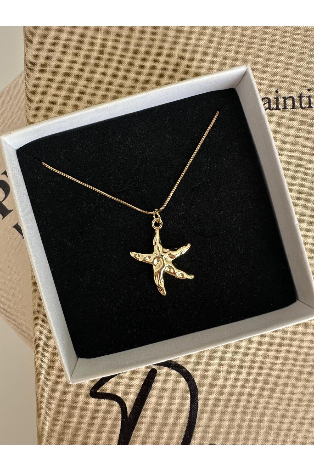 Deniz Yıldızı Charm Çelik Zincirli Gold Kadın Kolye (45 Cm) - Detay Görseli 2
