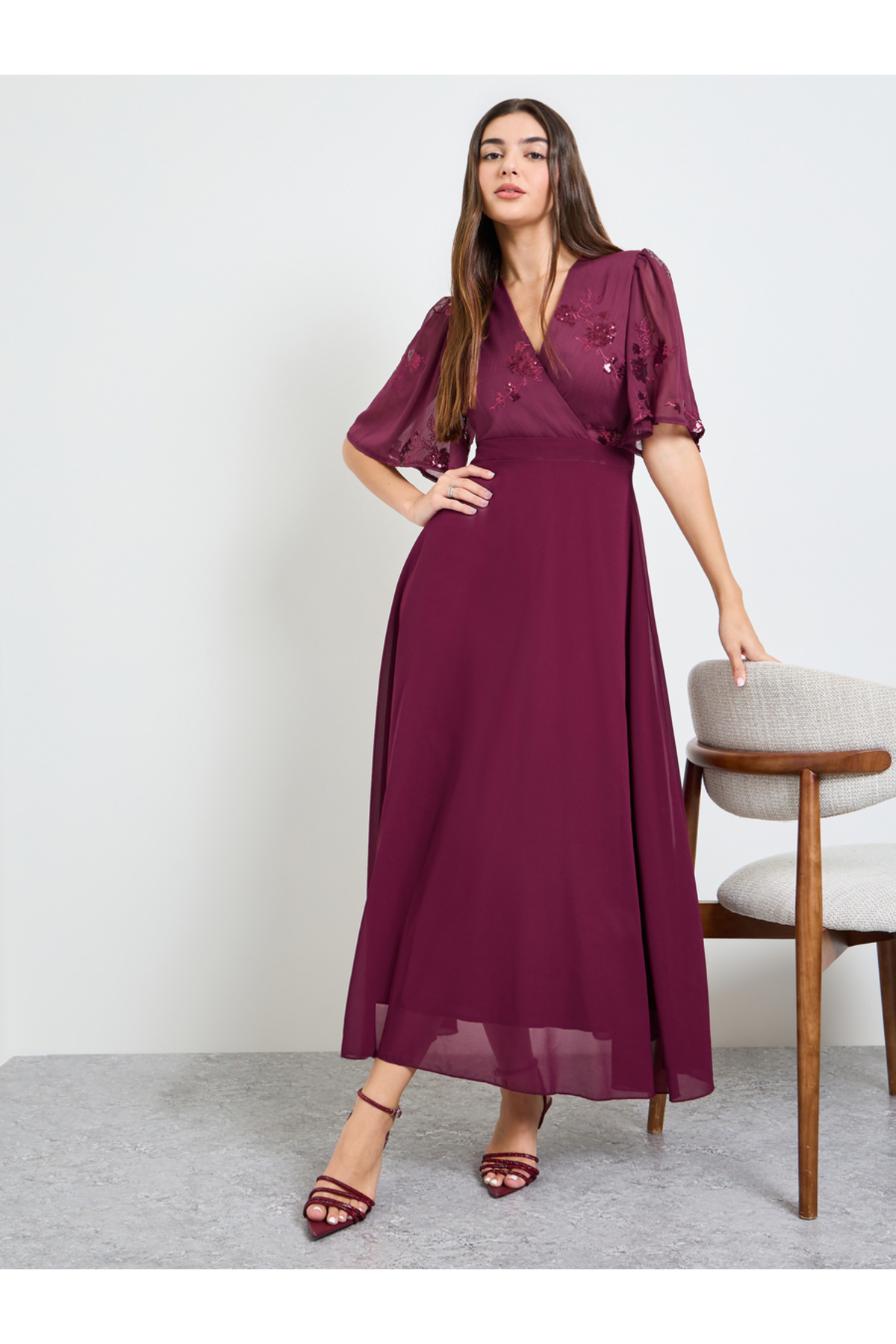 Styli Maroon Embellished Short Sleeves A-Line Maxi Dress