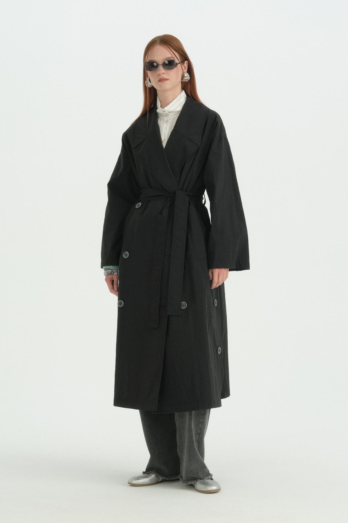 Nihan Düğme Detaylı Kuşaklı Oversize Trençkot - Siyah