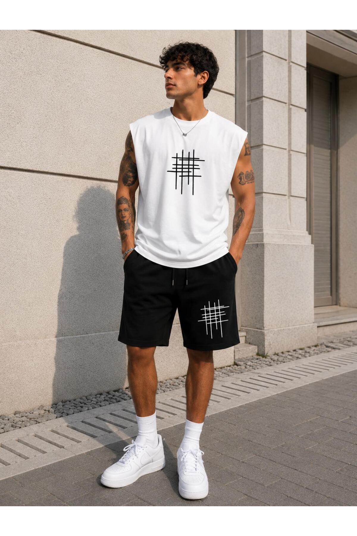 TREND EMMODA Erkek Geometrik Çizgi Hashtag Baskılı Sıfır Kol Yuvarlak Bisiklet Yaka Beyaz Tişört / Tshirt