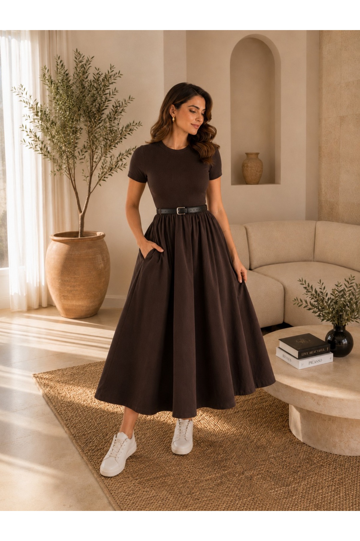 unika boutique Kadın Kemerli Poplin Midi Elbise görsel 3