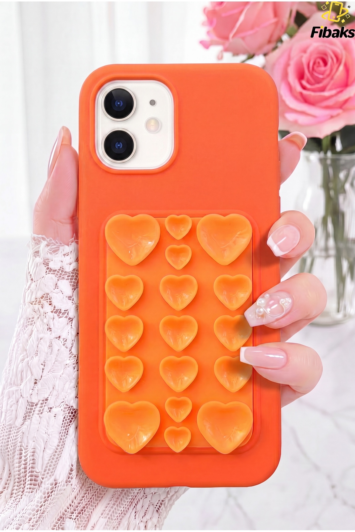 iPhone 11 Case Self Vacuum Heart Patterned Velvet Soft Silicone Phone Case – Strong Grip & Aesthetic Design Orange
