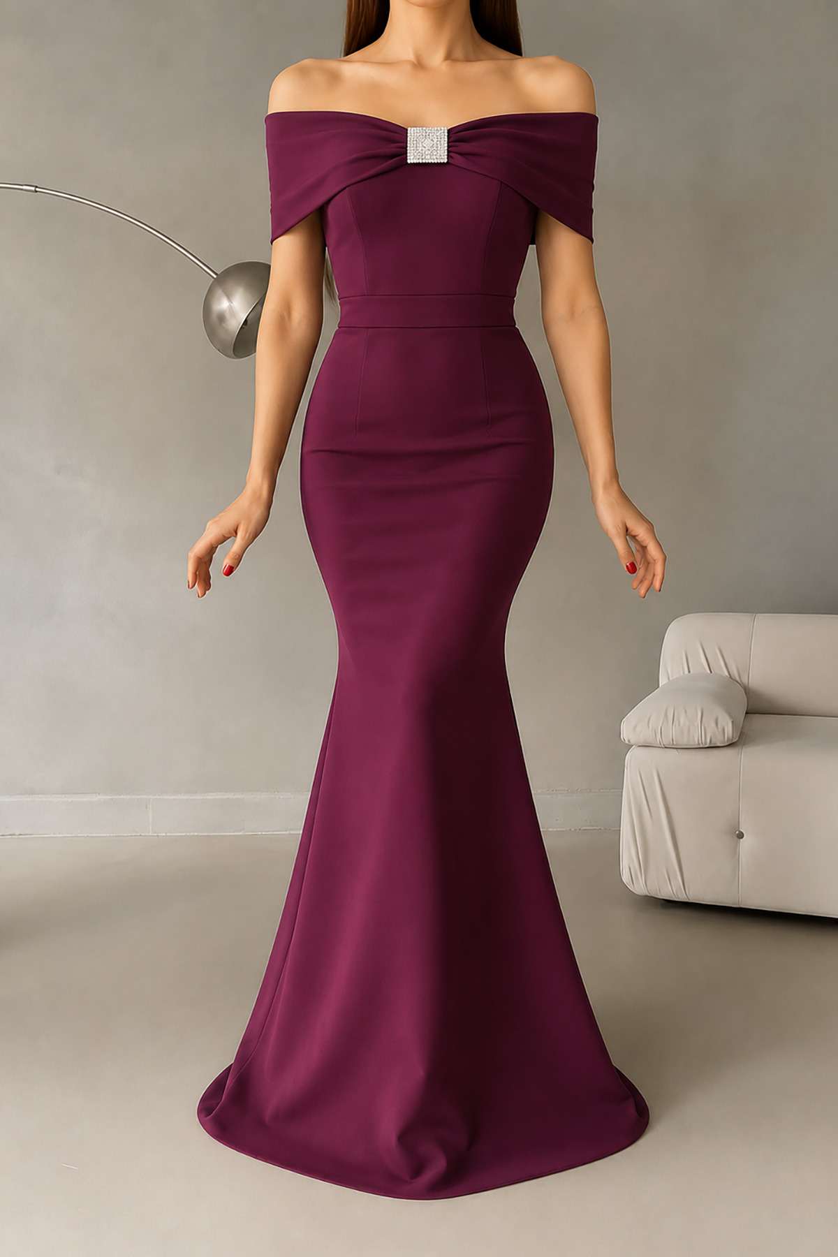 Damson Madonna Collar Stone Detail Maxi Size Scuba Fabric Fish Evening Dress