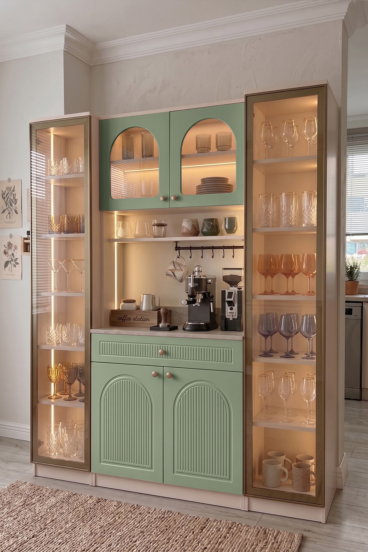 Hera Coffee Corner 100% MDF Kitchen Cabinet Multi-Purpose Cabinet with Glass Sensor Led Shelf 3 Modules Green Beige