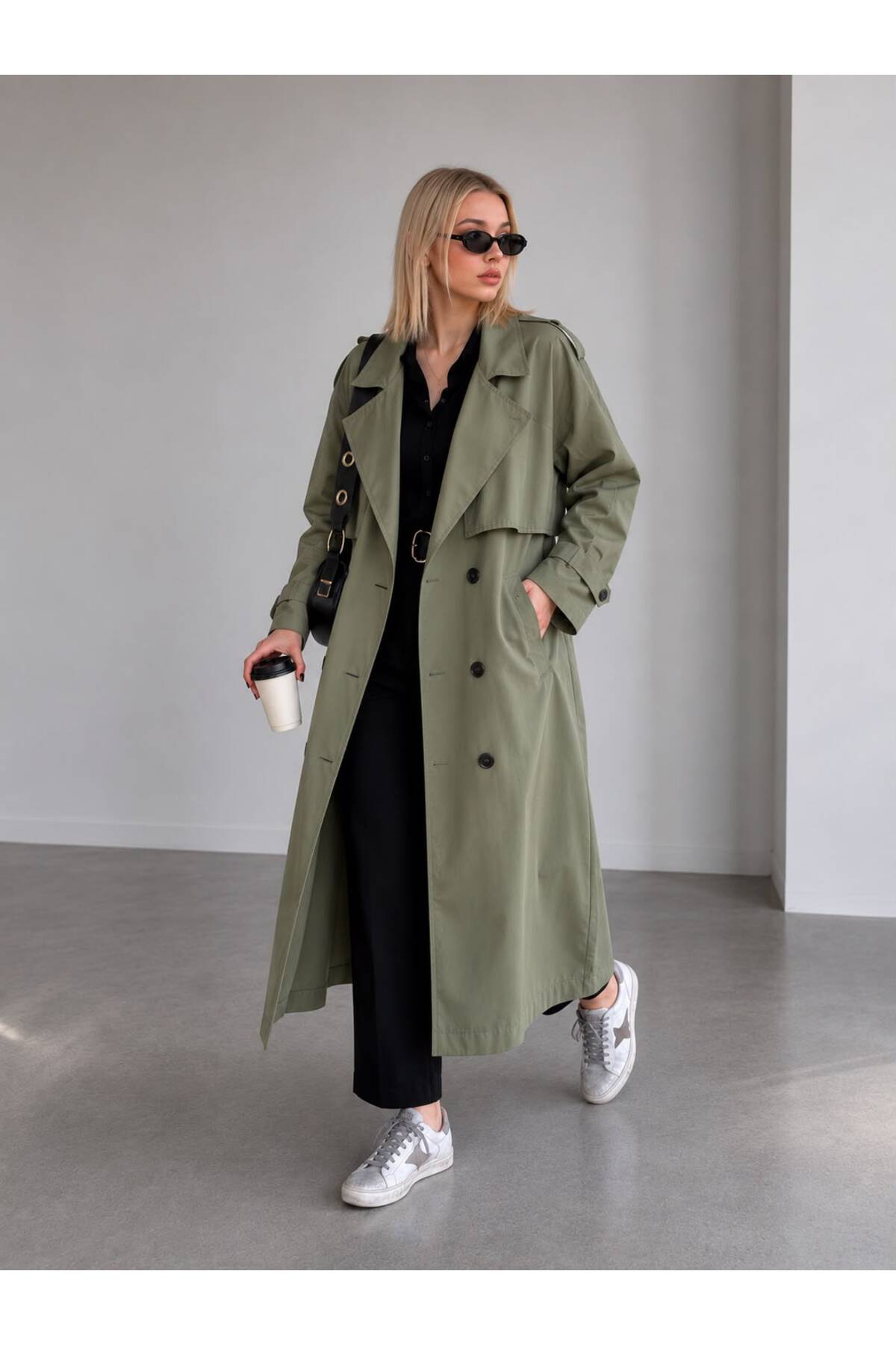 Premium Poplin Fabric Belted Long Trench Coat