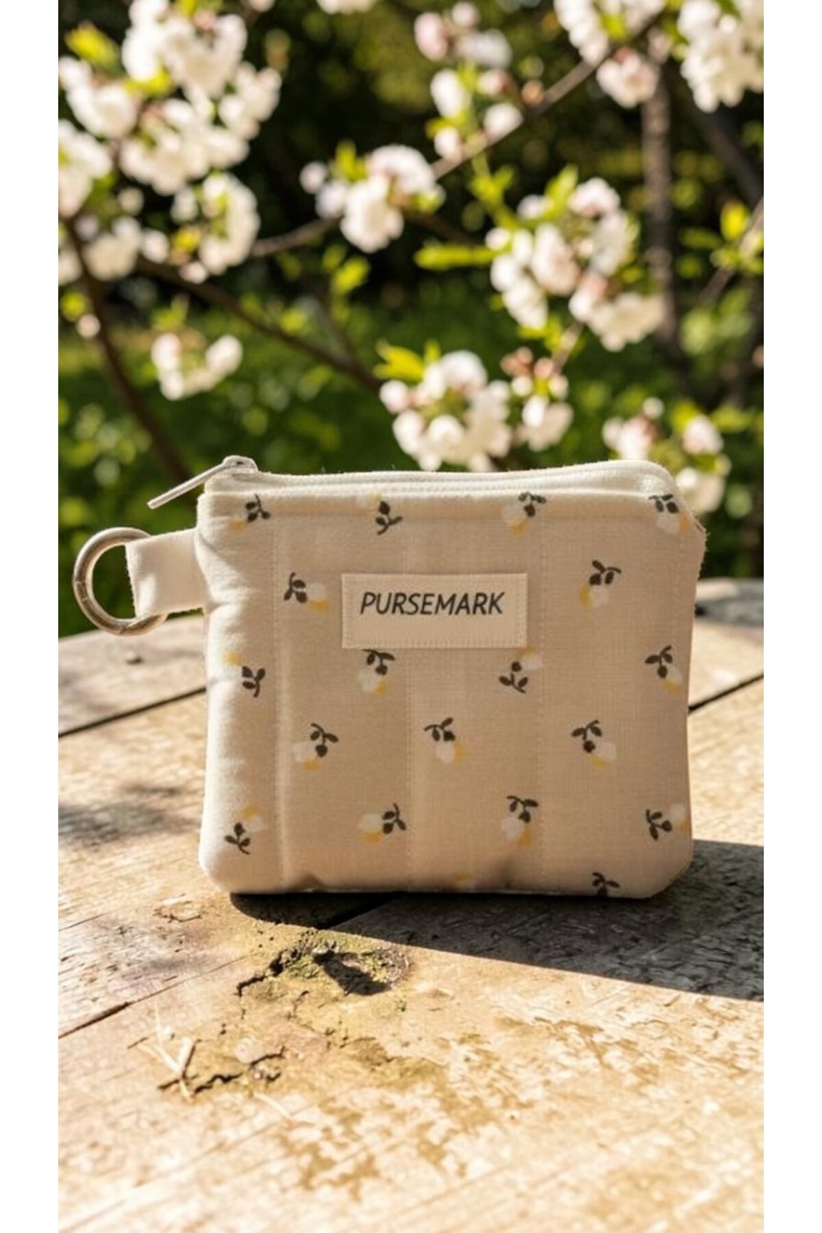 PURSEMARK Krem Sarı Çiçek Desenli El Yapımı Küçük Cüzdan