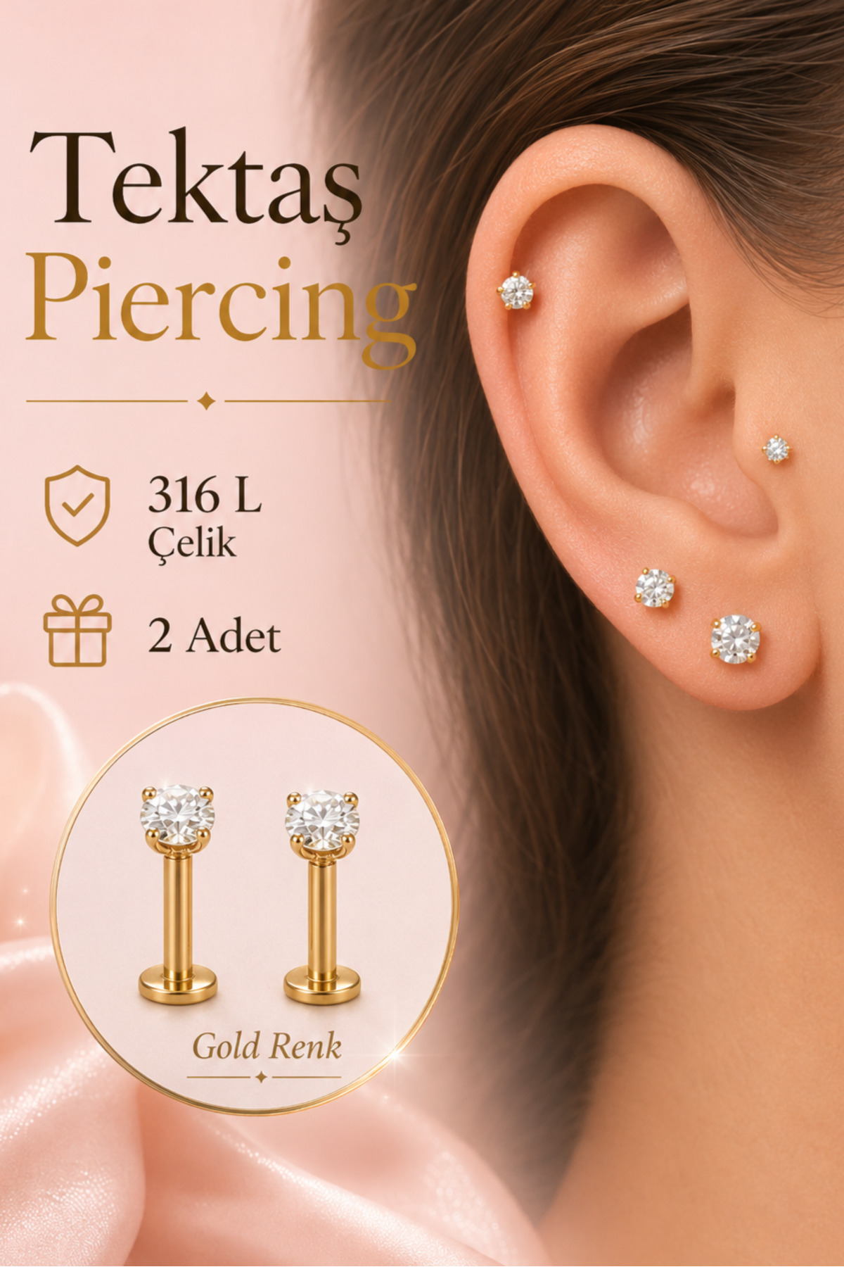 Sacce Scarves&Accessories Tektaş Piercing 2 Adet 316L Çelik Zirkon Taşlı Tragus Helix Lob Kıkırdak Piercing 6 mm