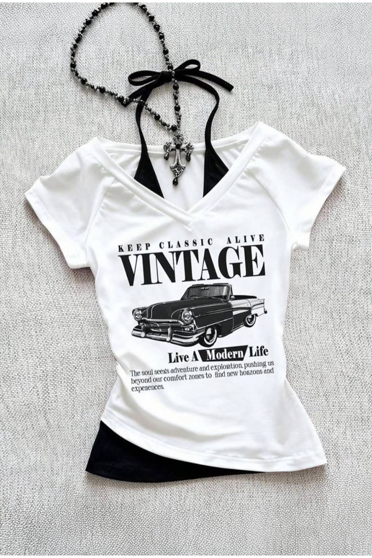White Vintage Modern Life Splice Strap Y2K Short Sleeve Crop