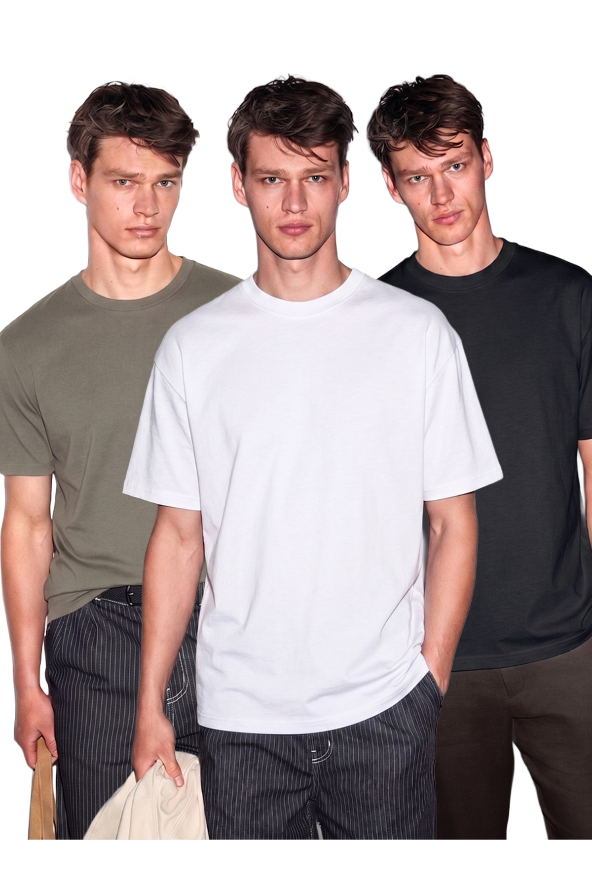 GRIMELANGE Cultivated Men's 3-Piece Thick Textured Regular 100% Organic Cotton K.Vizon/Syh/Byz T-Shirt