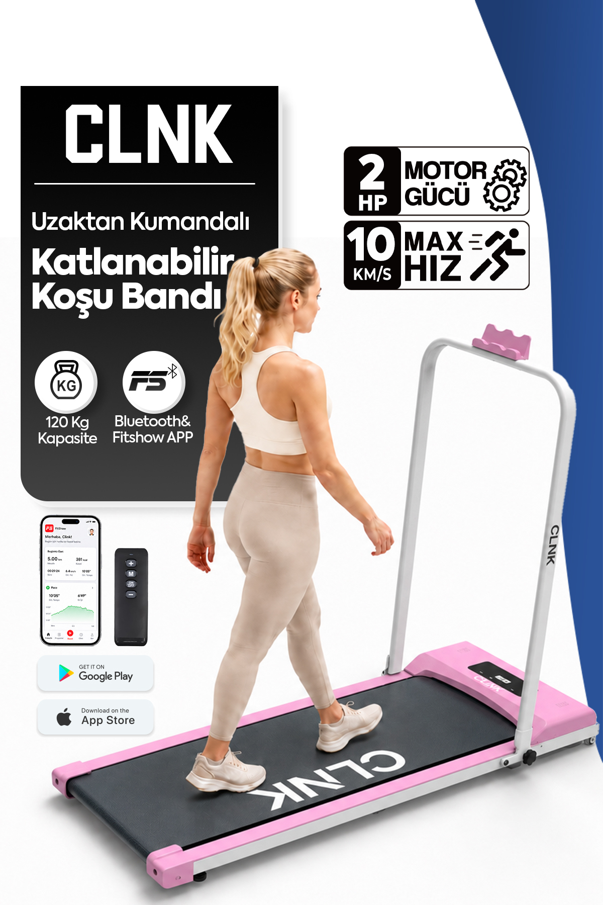 CLNK Pembe Bluetoothlu Uygulamalı Uzaktan Kumandalı Koşu Bandı Yürüyüş Bandı