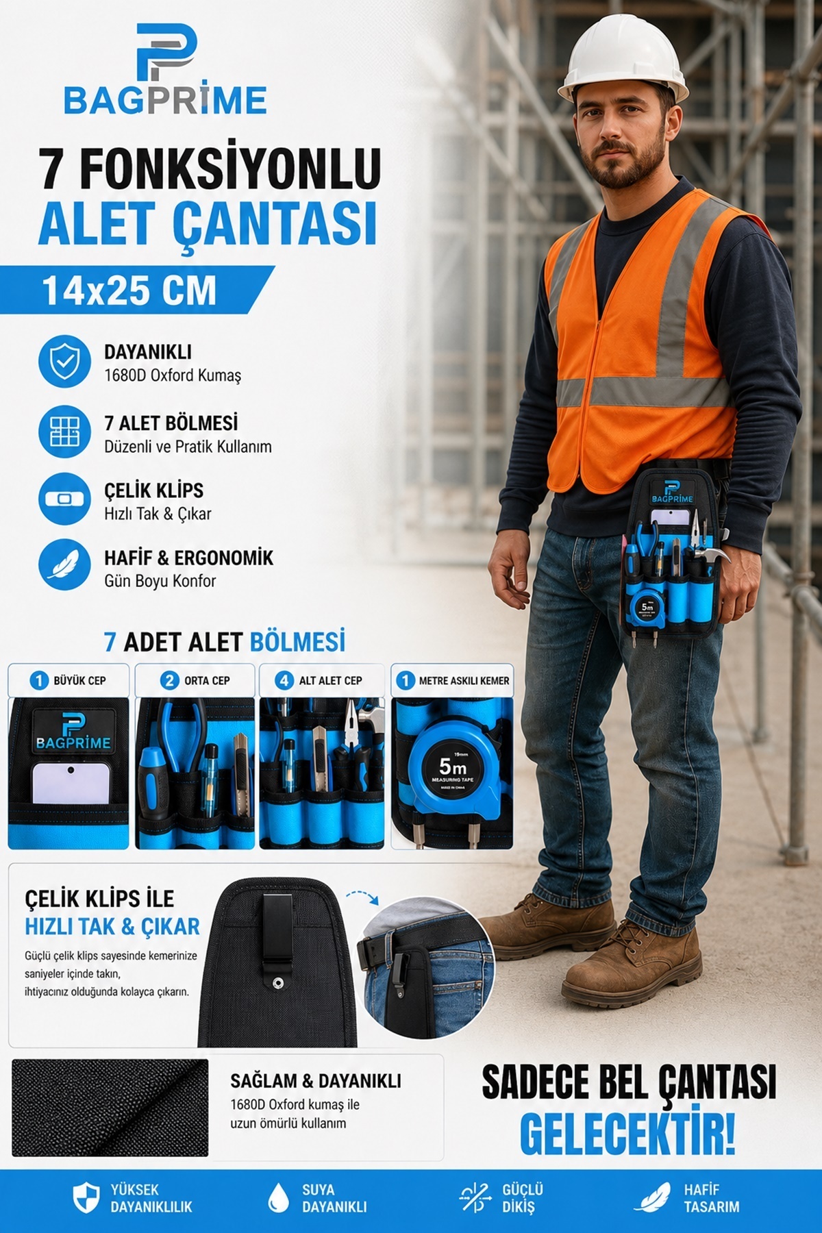 Satış Diyarı Çelik Klipsli Bel Tipi Alet Çantası Elektrikçi, Tesisatçı, Tamir ve Teknik Servis Bel Çantası 14x25 cm